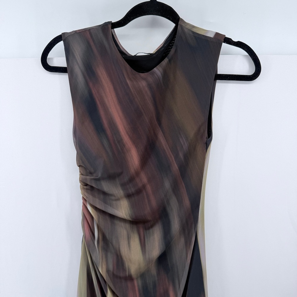 Zara Brown Abstract Print Mesh Midi Dress Sleeveless Ruched Side Size Small - Picture 3 of 6